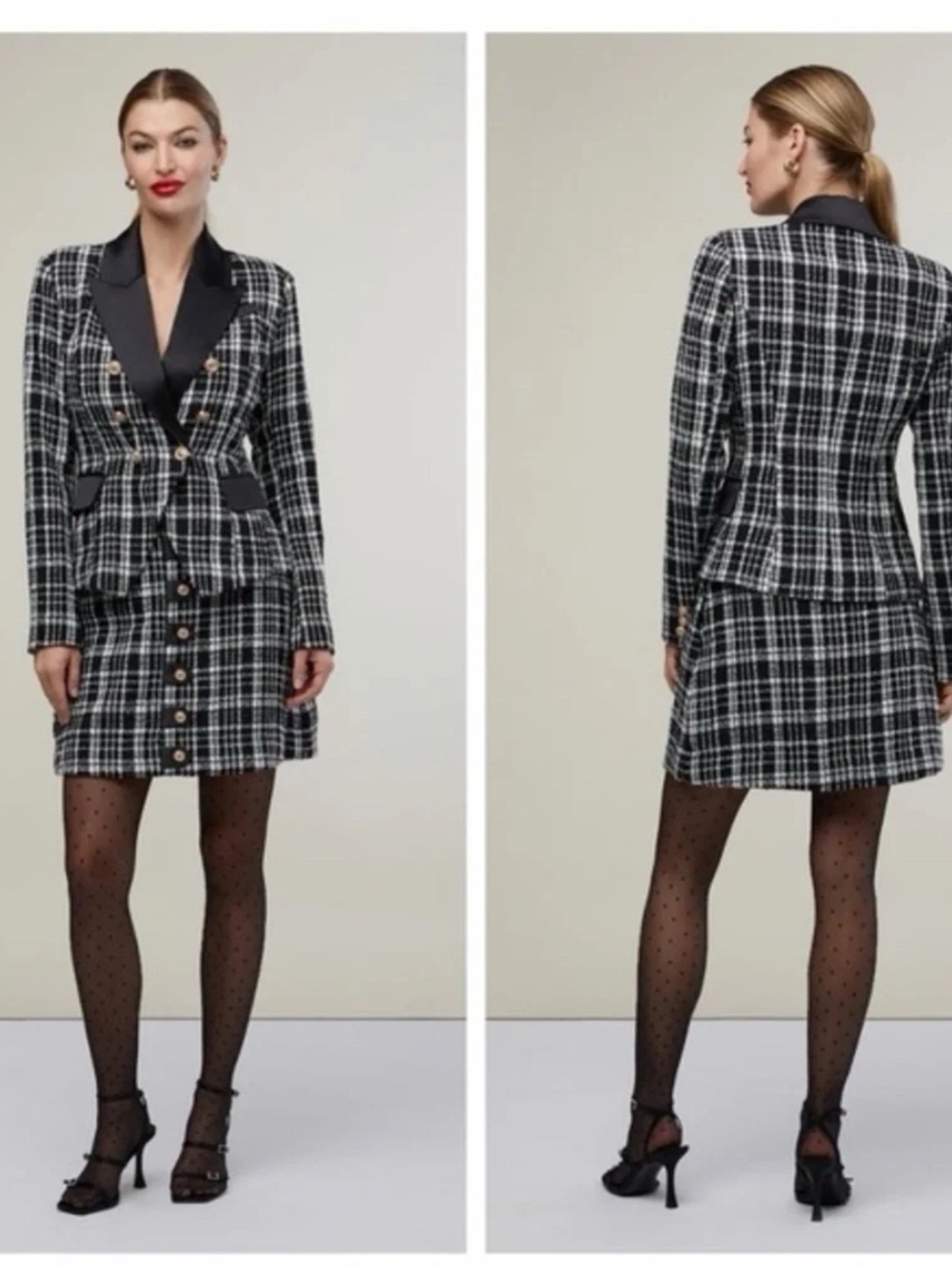 Rachel Parcell Womens Double Breasted Satin Lapel Plaid Tweed Blazer Skirt Set 8
